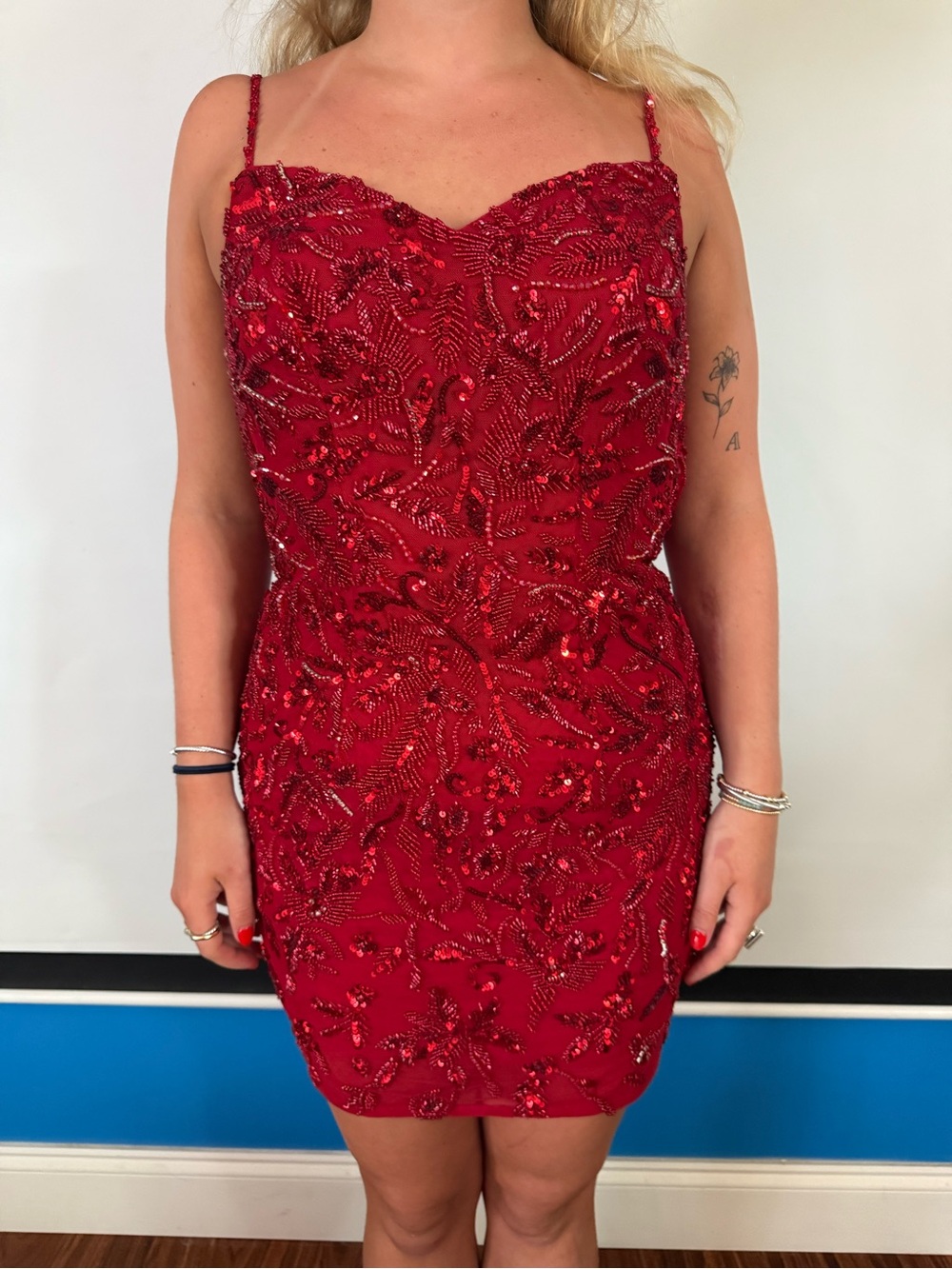 Ashley Lauren Red Beaded Spaghetti-Strap Cocktail Dress